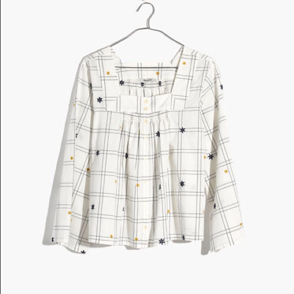 Madewell Embroidered Windowpane Boho Top Smocked